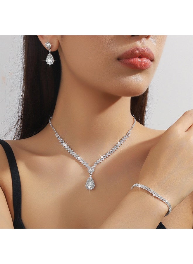 GIFT Women's 4 PCS Rhinestone Necklace Earrings Bracelet Set Drop-Shaped Pendant V-Neck Chain Ear Dangle Bridal Evening Dress Accessories for Women Simple Versatile Silver - Image 1